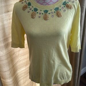 Talbots cotton rayon short sleeve sweater with pineapples, beaded and sequins